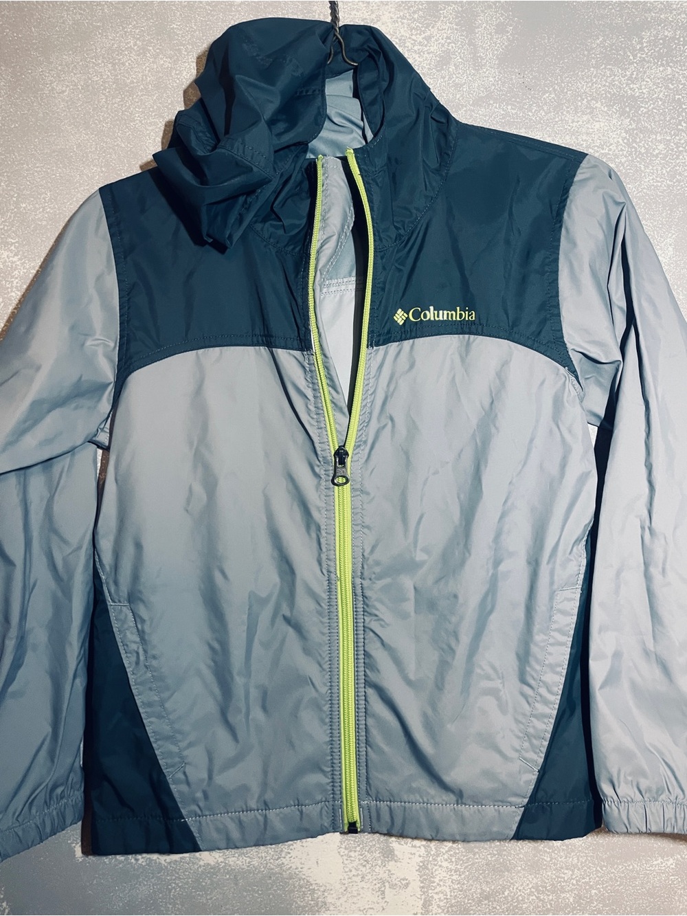 Columbia Gray & Blue Hooded Windbreaker rain jacket Sz 8